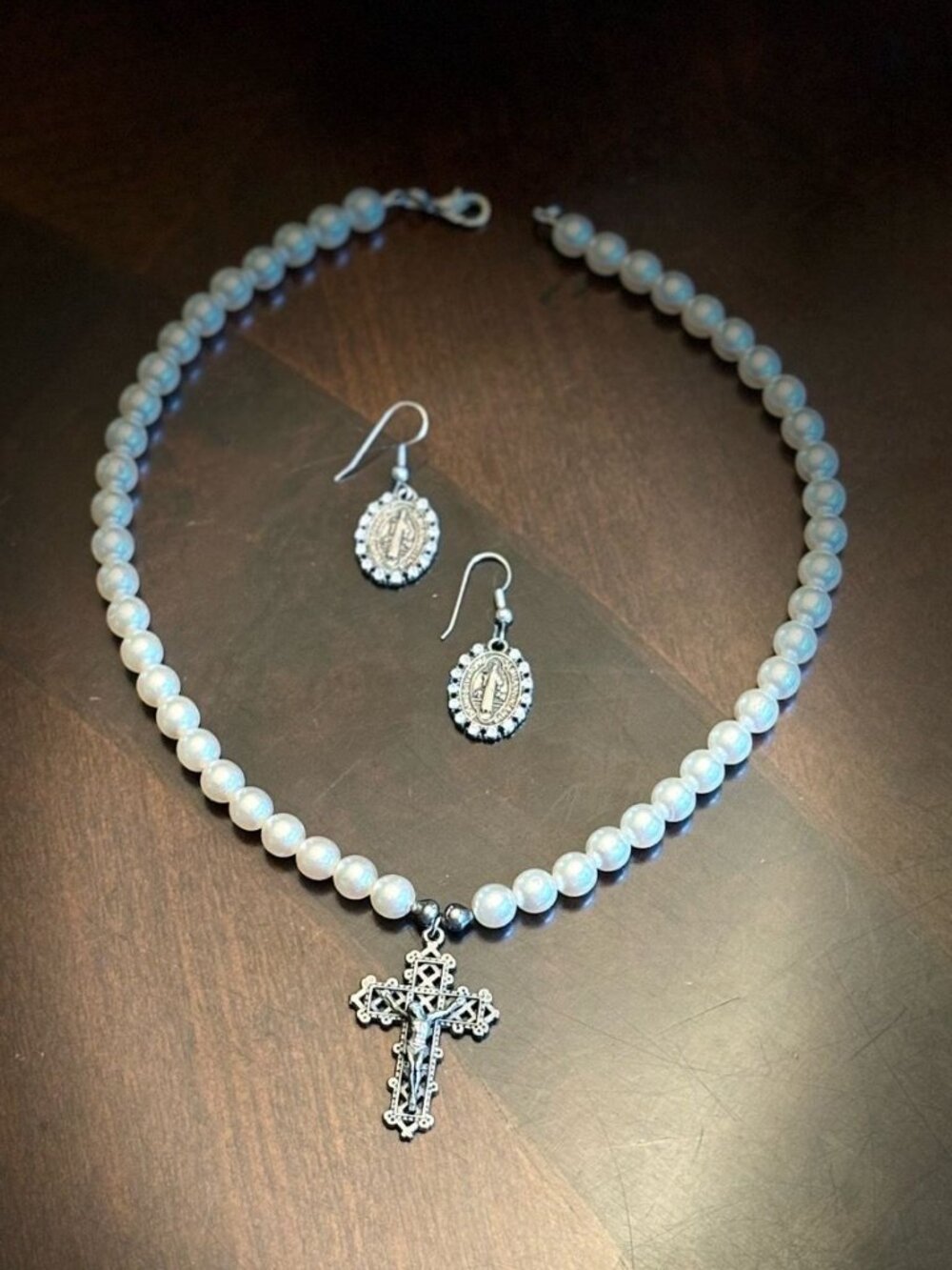 Vintage Style Faux Pearl Crucifix Necklace & St. Benedict Earring Set